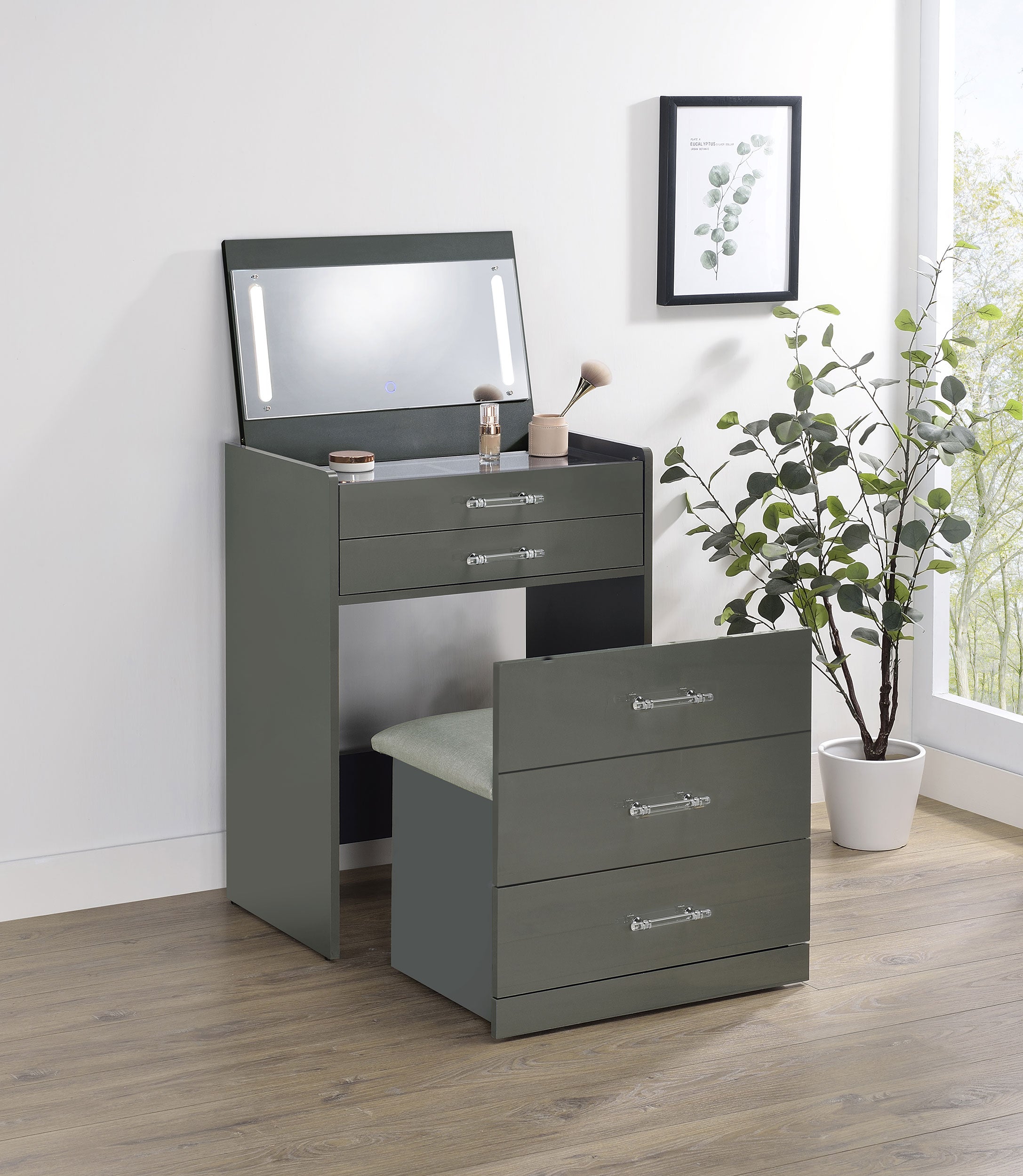 Danbury 3-drawer Makeup Vanity & Stool Set Grey High Gloss — view 3