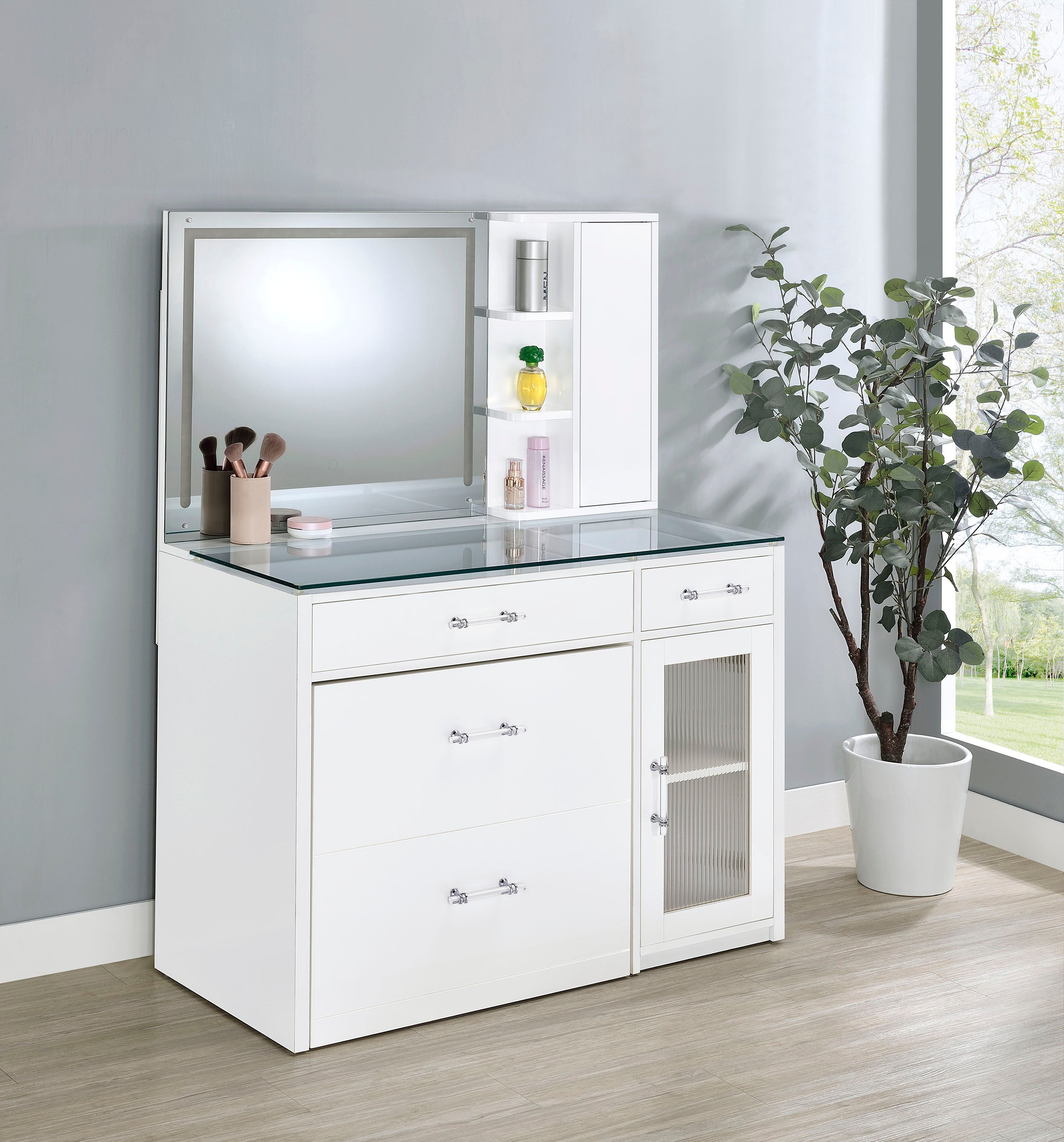 Flora 2-drawer Vanity Set with LED Mirror White High Gloss — view 2