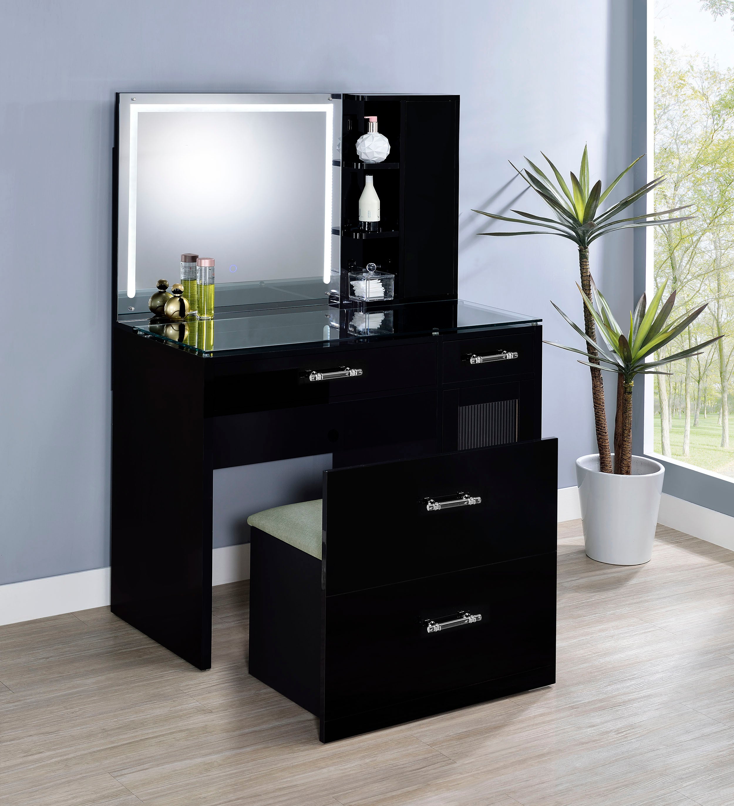 Flora 2-drawer Vanity Set with LED Mirror Black High Gloss — view 3