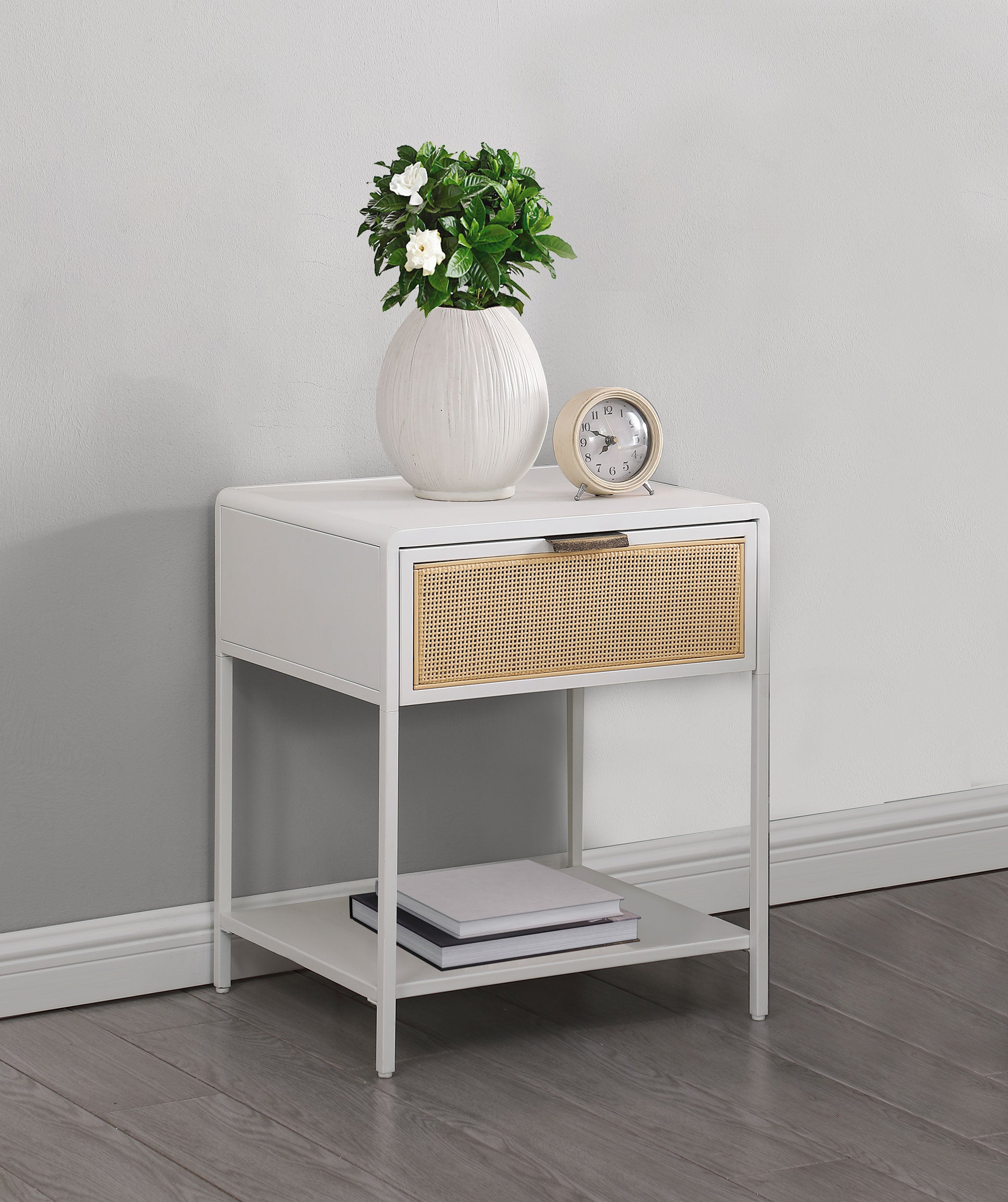Amherst 1-drawer Radio Weave Cane Metal Bedside Table White — view 2