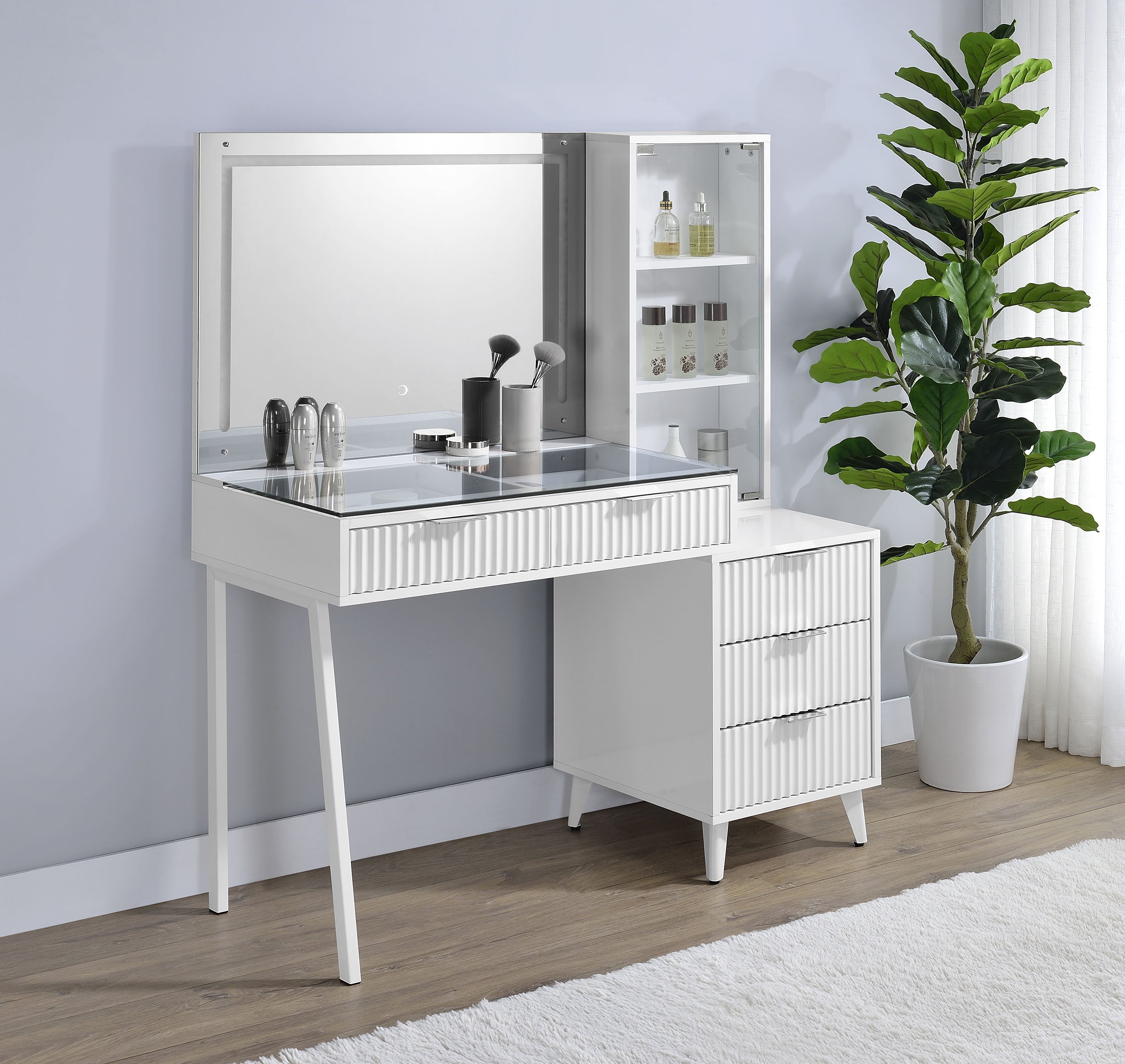 Souza 5-Drawer Makeup Vanity Table With LED Mirror White High Gloss — view 2