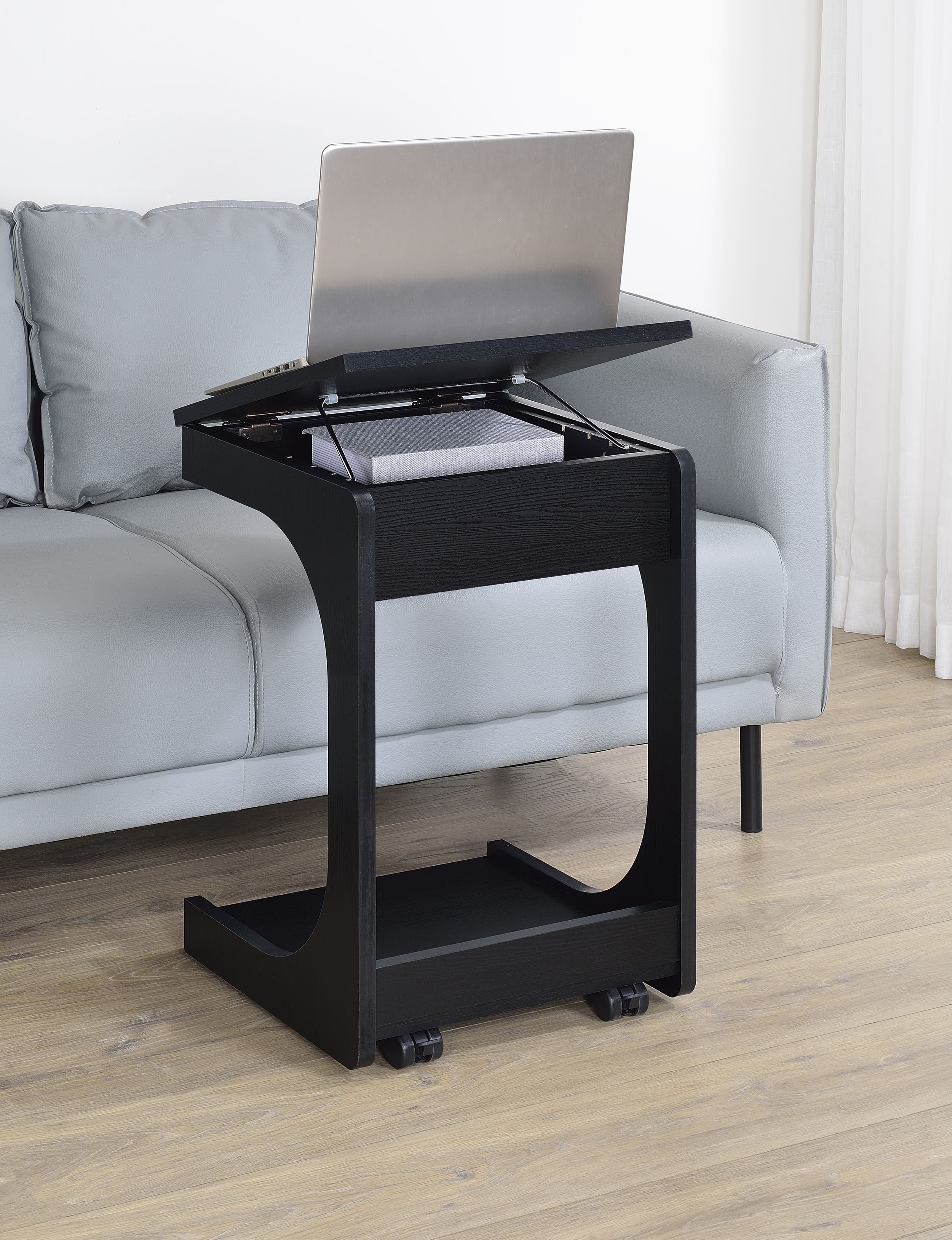Ralston C-Shaped Lift-Top Sofa Side Table With Casters Black — view 3