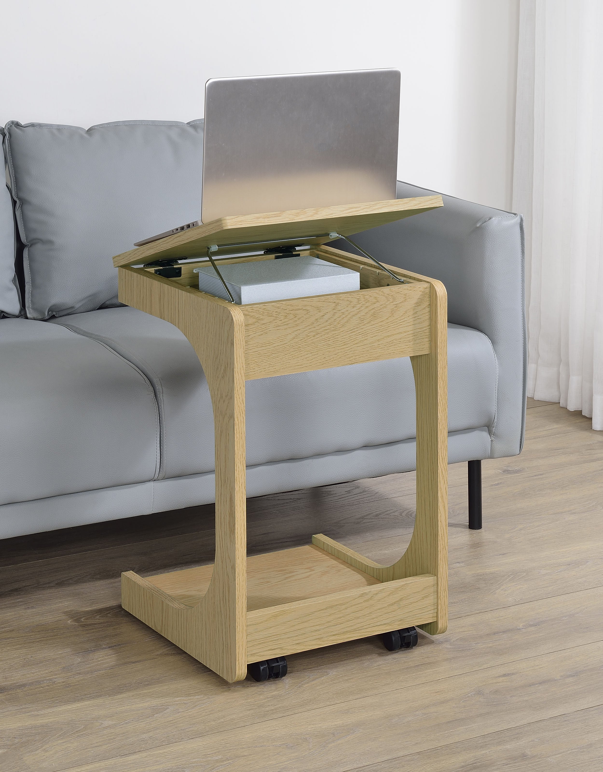 Ralston C-Shaped Lift-Top Sofa Side Table With Casters Light Oak — view 3