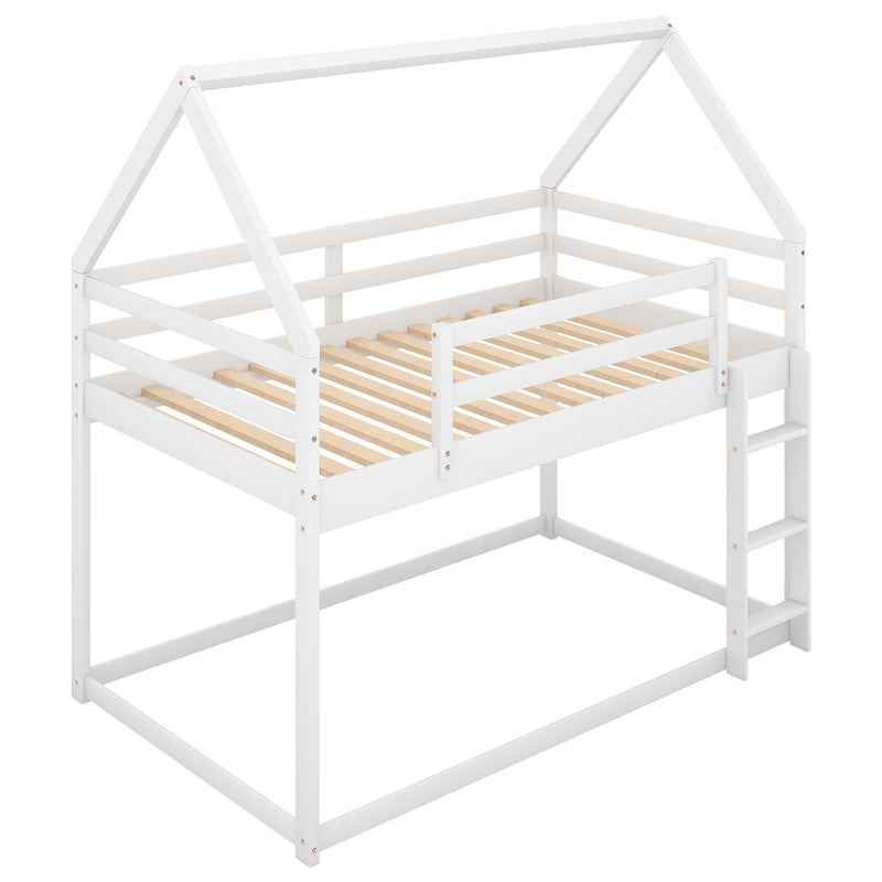 Twin Over Twin Low Bunk Bed, House Bed With Ladder - White