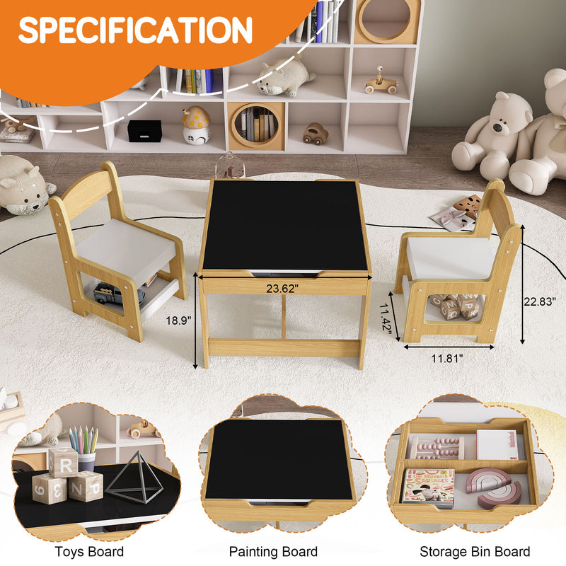 3 In 1 Kids Study Table & Chairs Set Multi Functional Activity Table With Detachable Blackboard Top - Natural Wood