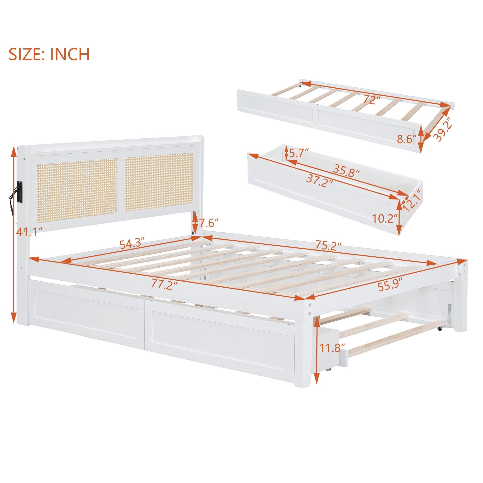 Full Size Elegant Bed Frame with Rattan Headboard and Sockets ,White - Atlantic Fine Furniture Melbourne FL