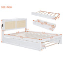 Full Size Elegant Bed Frame with Rattan Headboard and Sockets ,White
