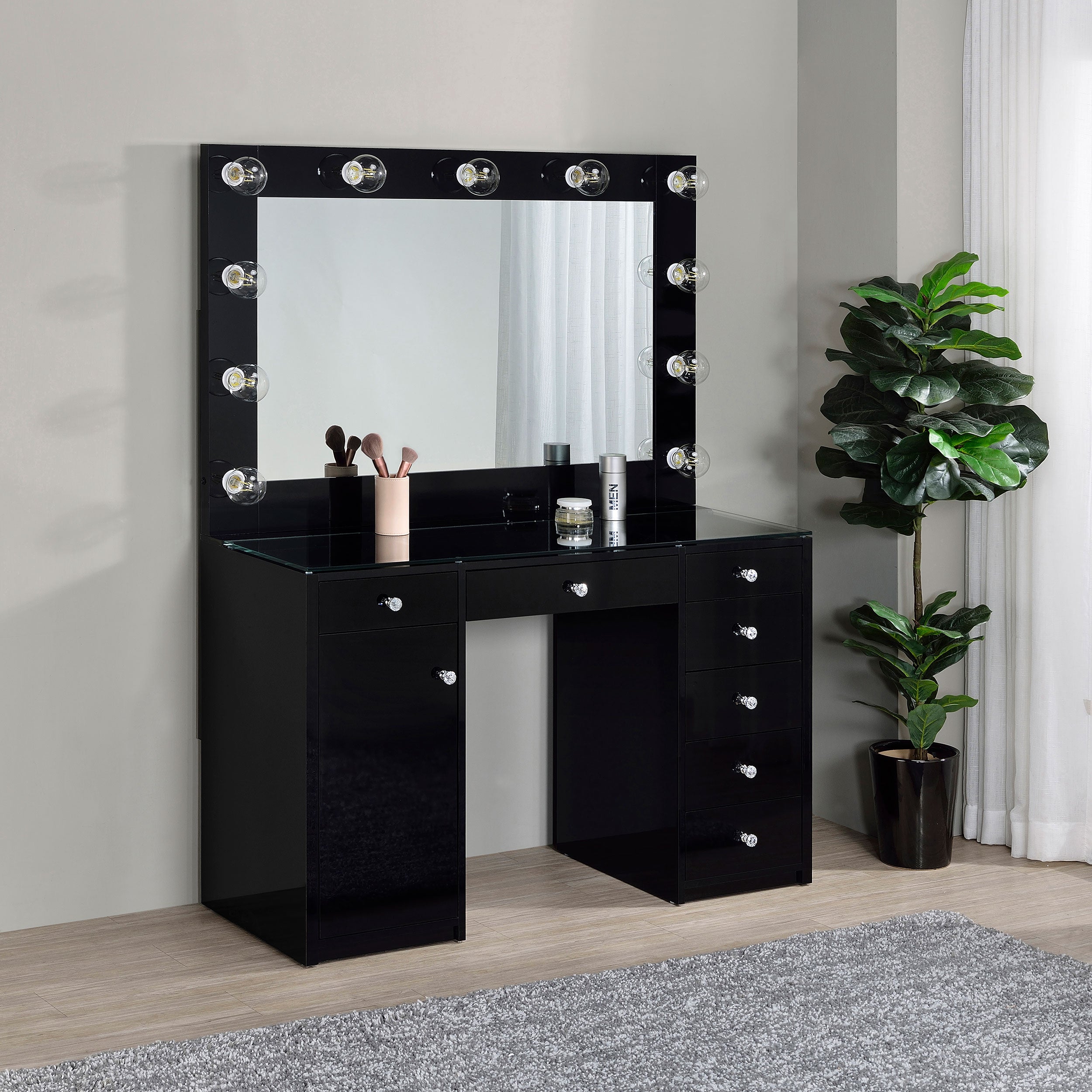 Acena 7-drawer Vanity Set with Lighting Black High Gloss — view 2