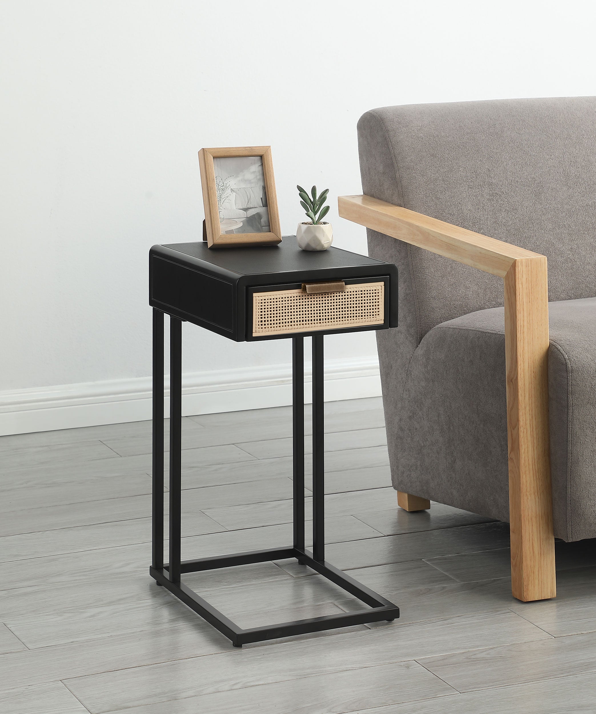 Amherst 1-drawer Radio Weave Cane Metal Side Table Black — view 2