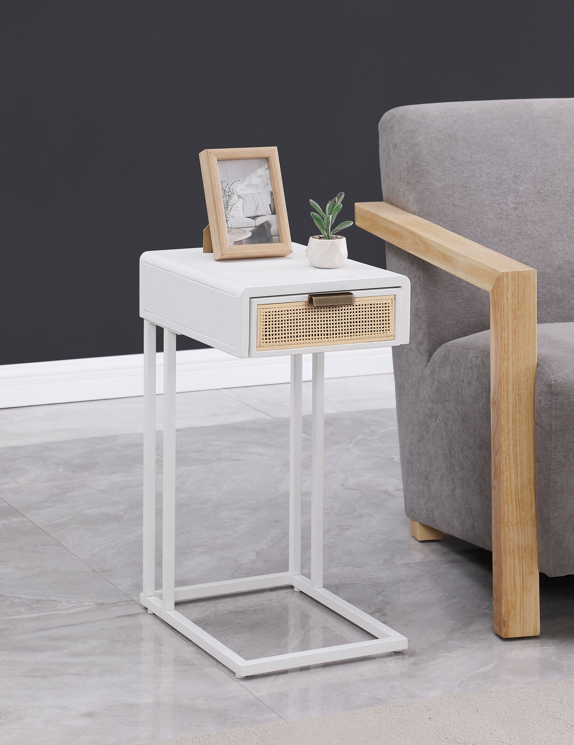 Amherst 1-drawer Radio Weave Cane Metal Side Table White — view 2