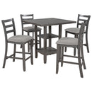 5 Piece Wooden Counter Height Dining Set With Padded Chairs, Storage Shelving