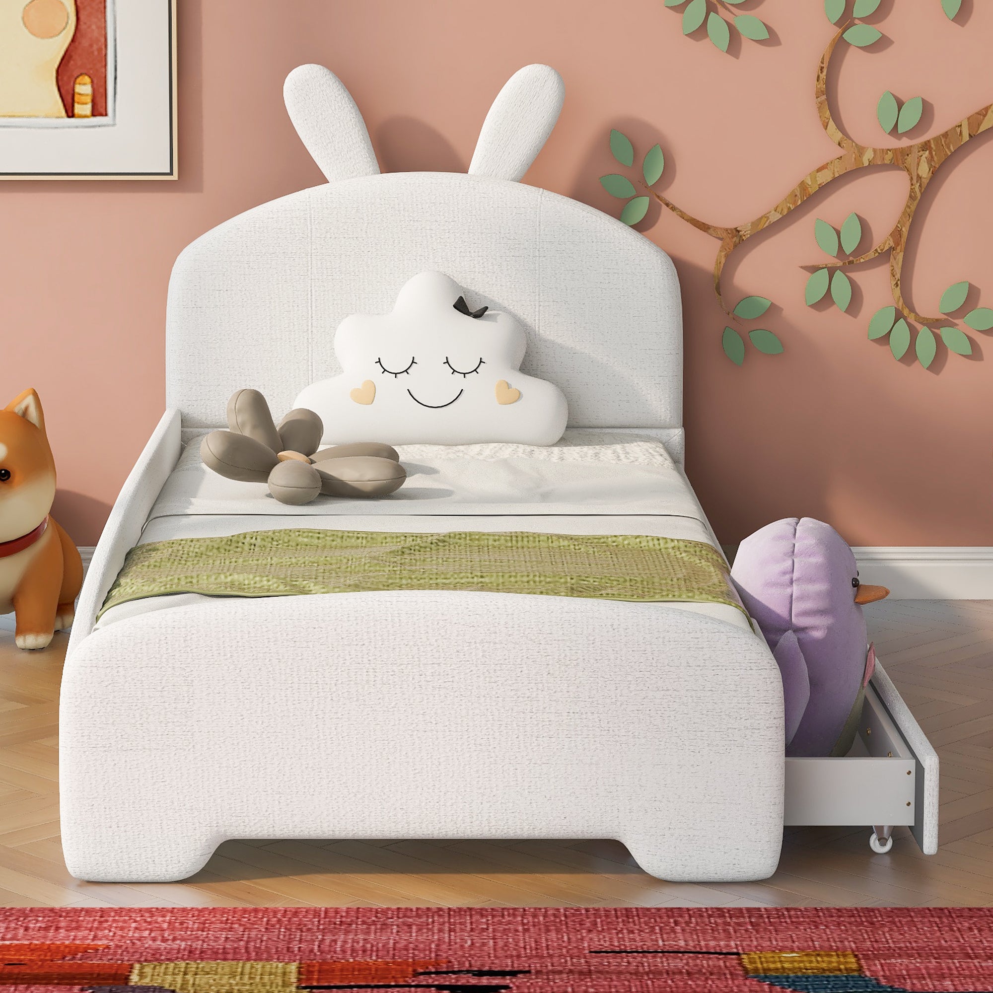 Twin Size Upholstered Platform Bed with Cartoon Ears Shaped Headboard and 2 Drawers, White - Atlantic Fine Furniture Melbourne FL