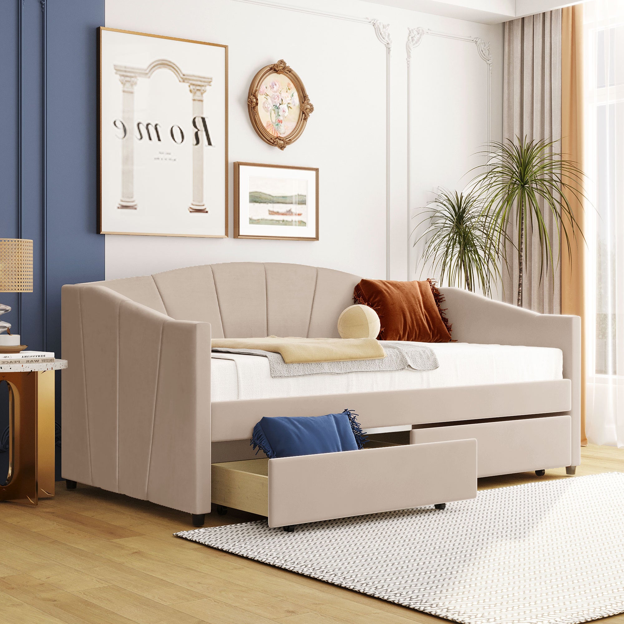 Upholstered daybed Twin Size with Two Drawers and Wood Slat  ,Beige - Atlantic Fine Furniture Melbourne FL