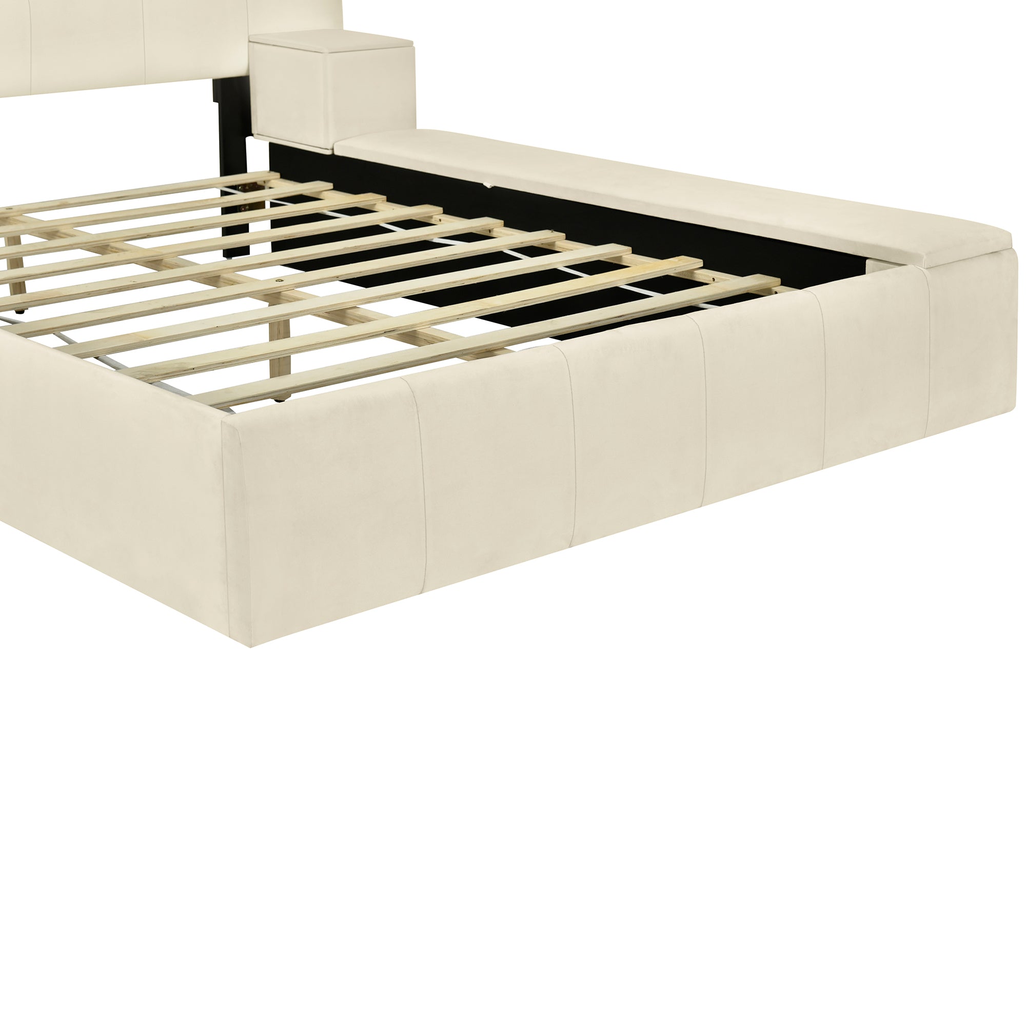 Full Size Upholstered Platform Bed with Lateral Storage Compartments and Thick Fabric, Velvet, Beige - Atlantic Fine Furniture Melbourne FL