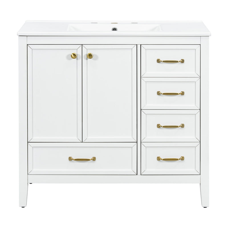 Elegant Vintage Bathroom Vanity With Sink And Soft Closing Door, 4 Drawers Of Different Sizes Frame