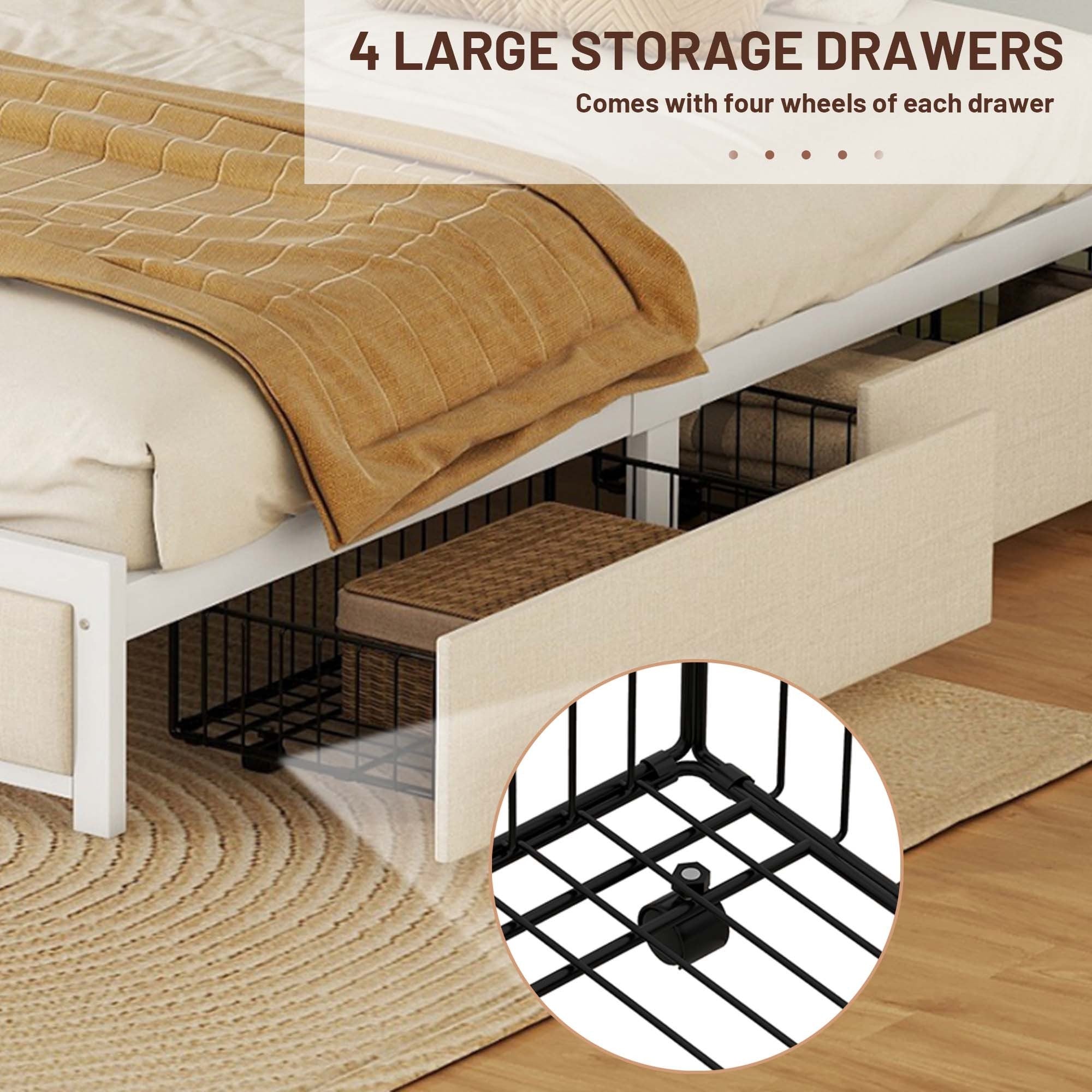 Queen Bed Frame with LED Headboard, Upholstered Bed with 4 Storage Drawers and USB Ports, Beige - Atlantic Fine Furniture Melbourne FL