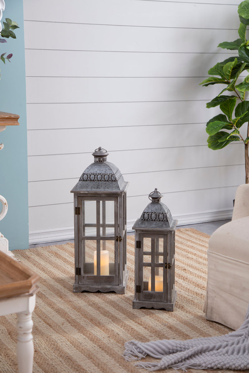 Wooden Candle Lantern Decorative, Hurricane Lantern Holder Decor For Indoor Outdoor, Home Garden Wedding (Set of 2) - Gray