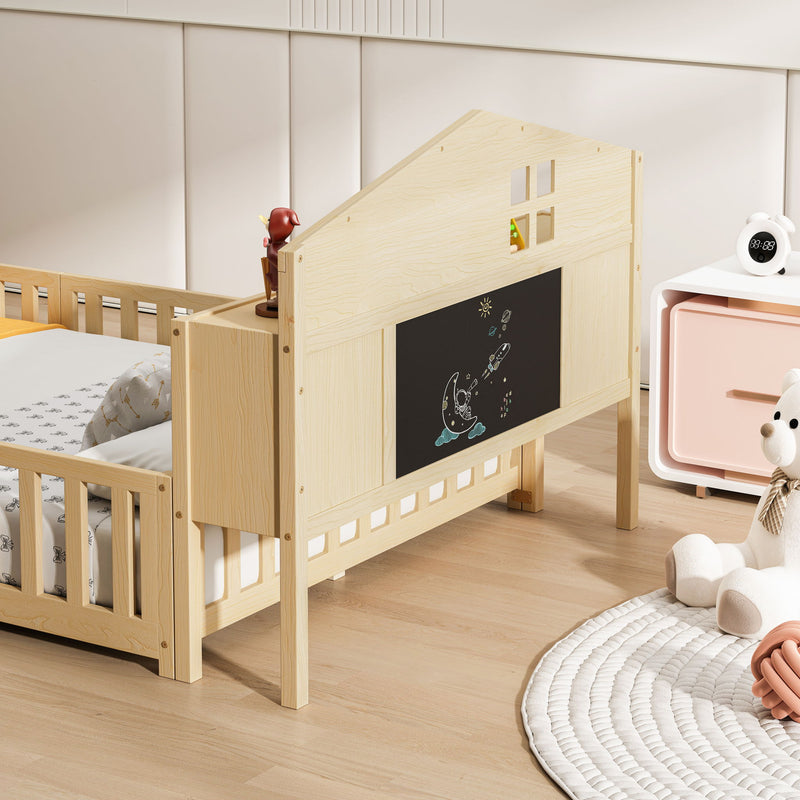 Full Size Montessori Floor Bed With Bookcases And boards, Solid Wood Platform Bed With Guard Rails And Storage Headboards - Natural