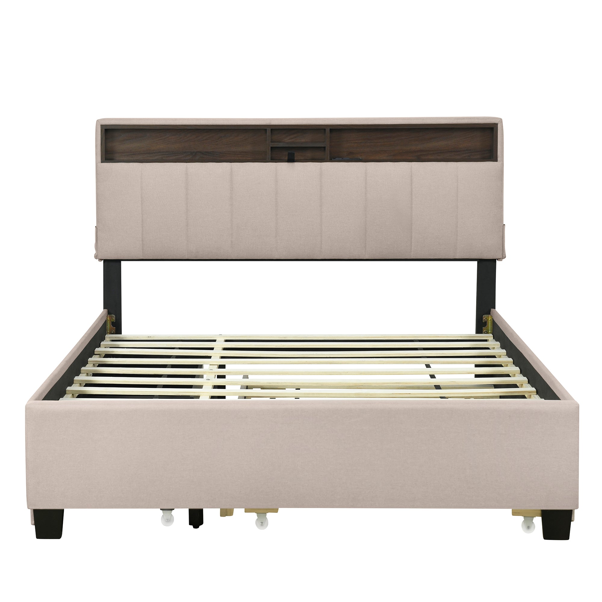 Queen size Upholstered Platform Bed with Storage Headboard, Twin XL Size Trundle & 2 drawers and a set of Sockets & USB Ports, Linen Fabric, Beige - Atlantic Fine Furniture Melbourne FL