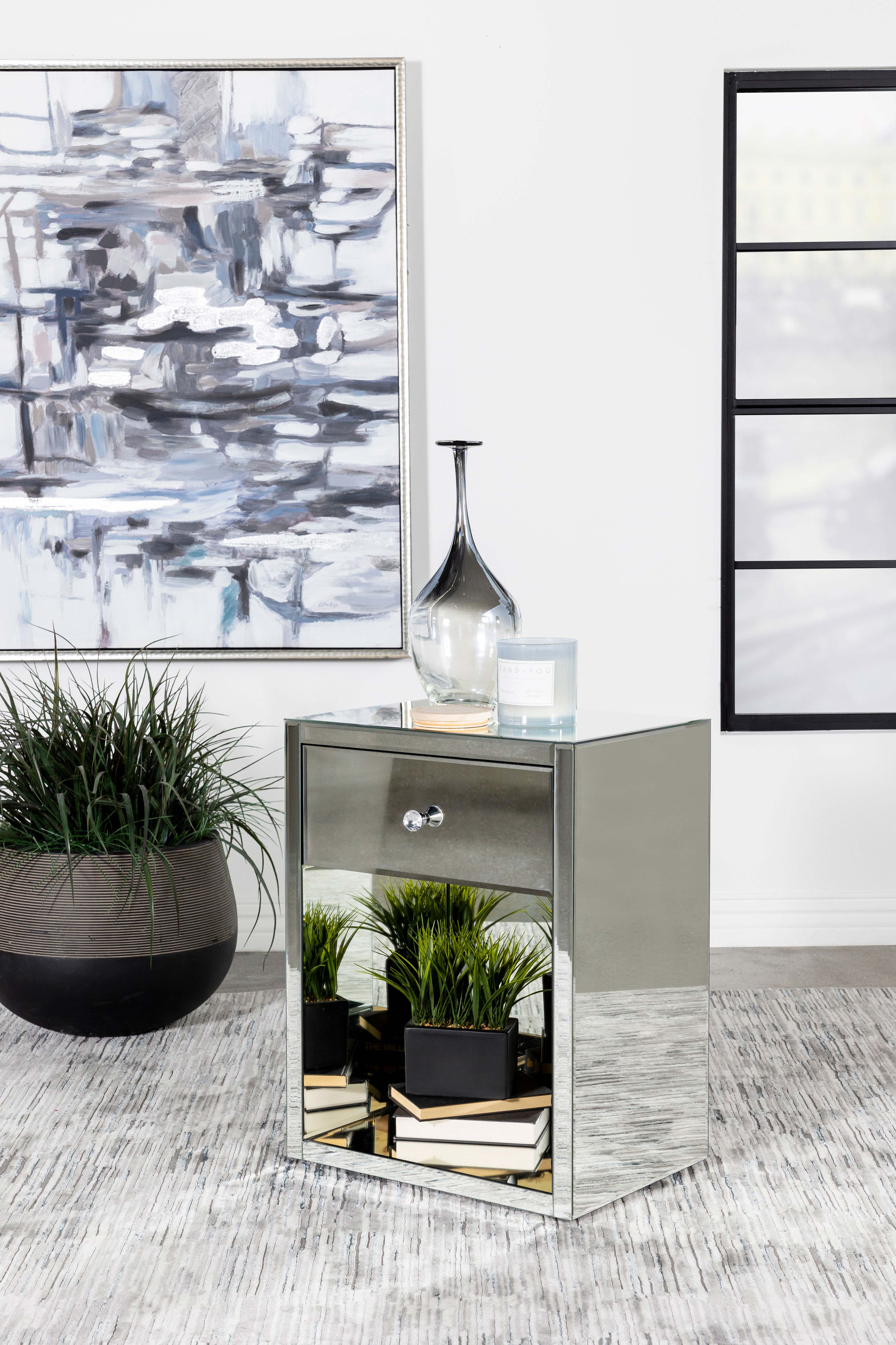 Coquette 1-drawer Mirrored Accent Side Table Silver — view 2