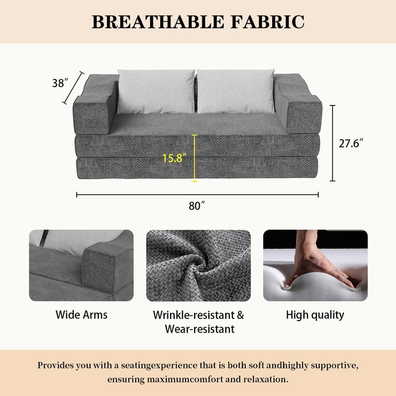 Convertible Couch Bed With 2 Pillows, 3 Seat Folding Floor Couch & King Size Bed Mattress, Diy Combination - Gray