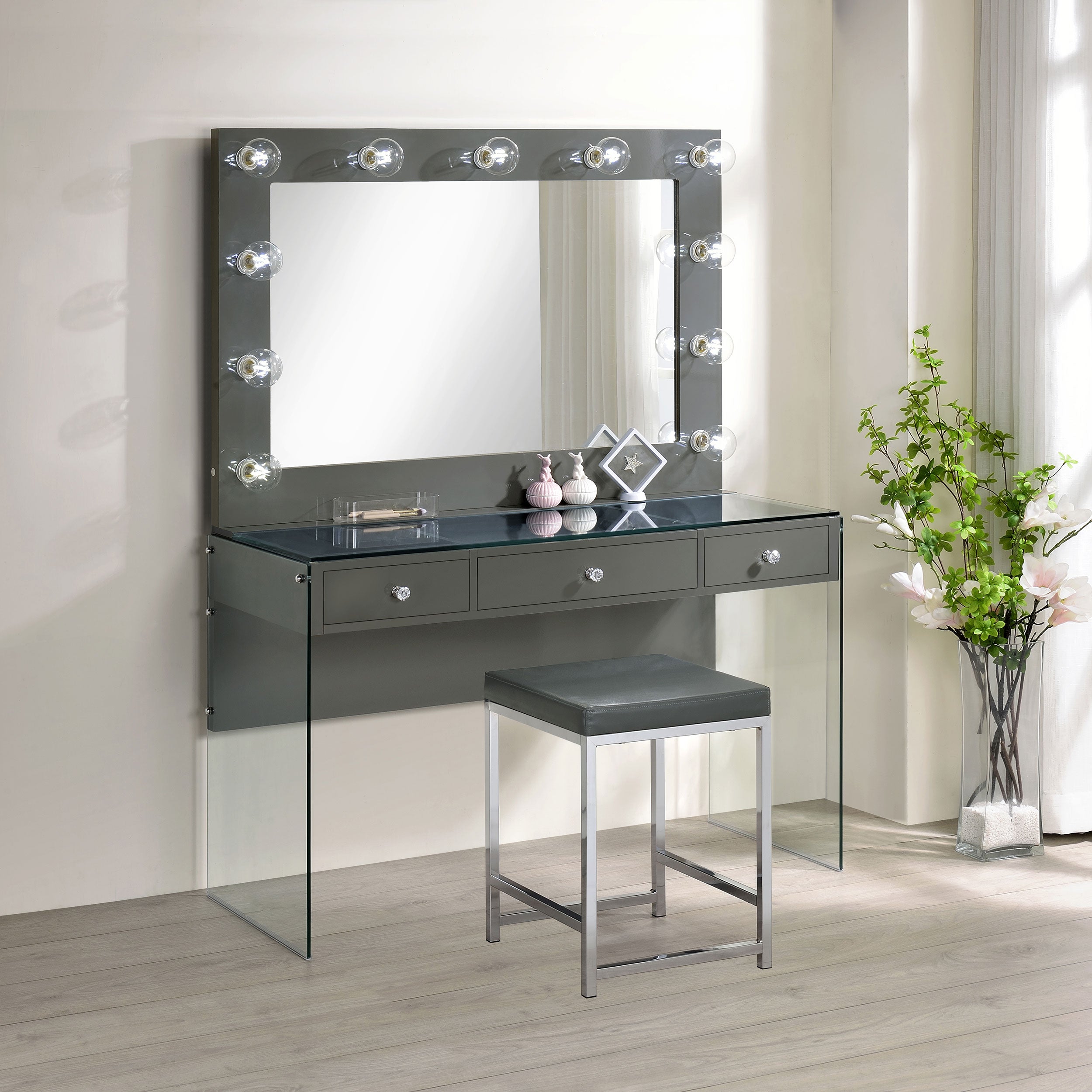 Afshan 3-drawer Vanity Set with Lighting Grey High Gloss — view 10