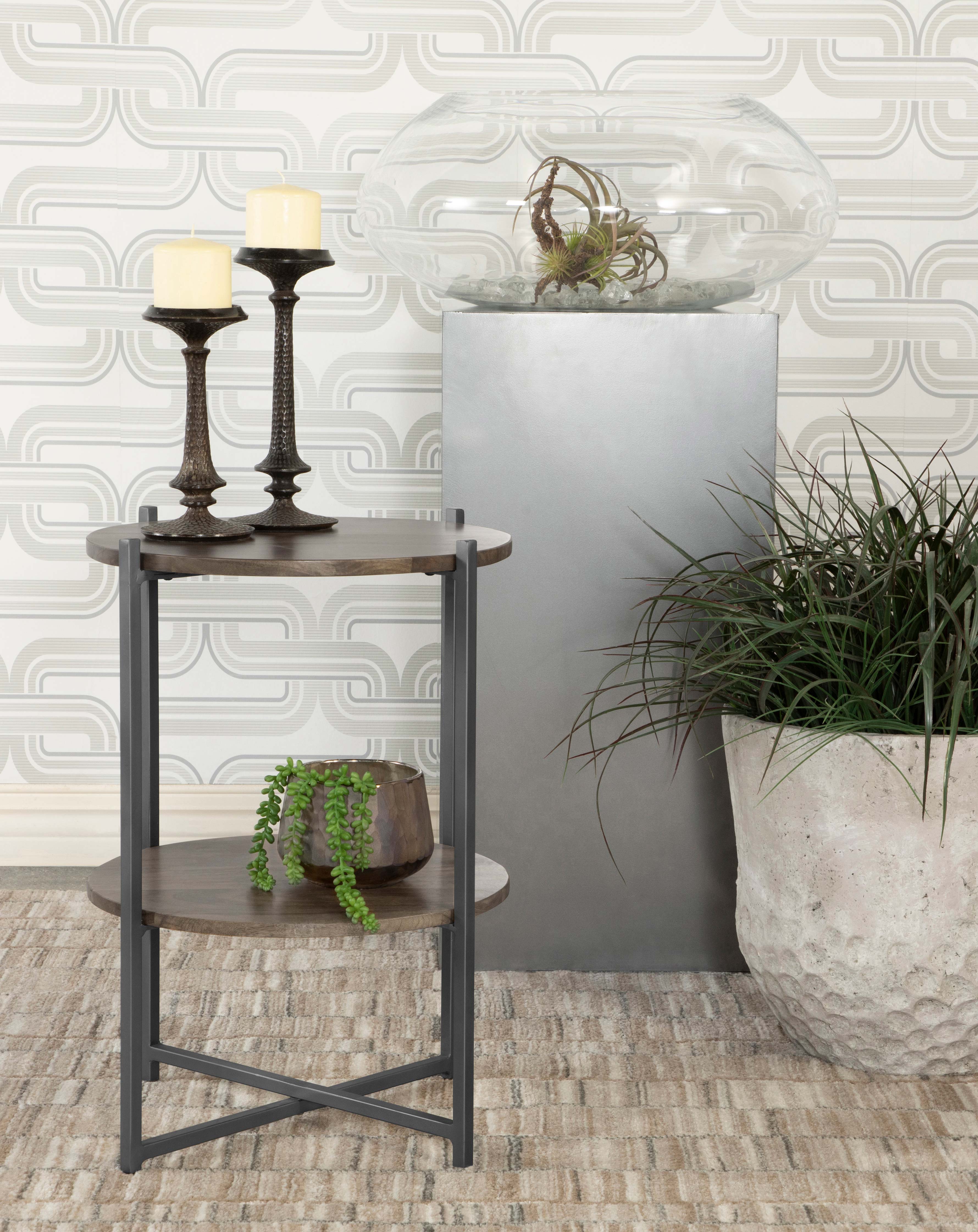 Axel Round Accent Table with Open Shelf Natural and Gunmetal — view 2