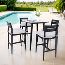 Modern Outdoor Patio Bar Set, Rounded Square Table & Bar Chairs, Non Rust Frame, Tapered Legs, Sunbrella Cushion