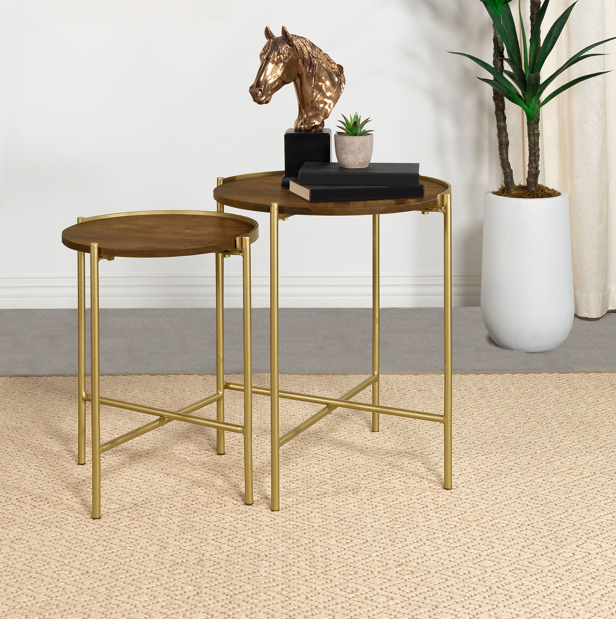 Malka 2-piece Round Wood Nesting Table Dark Brown and Gold — view 2