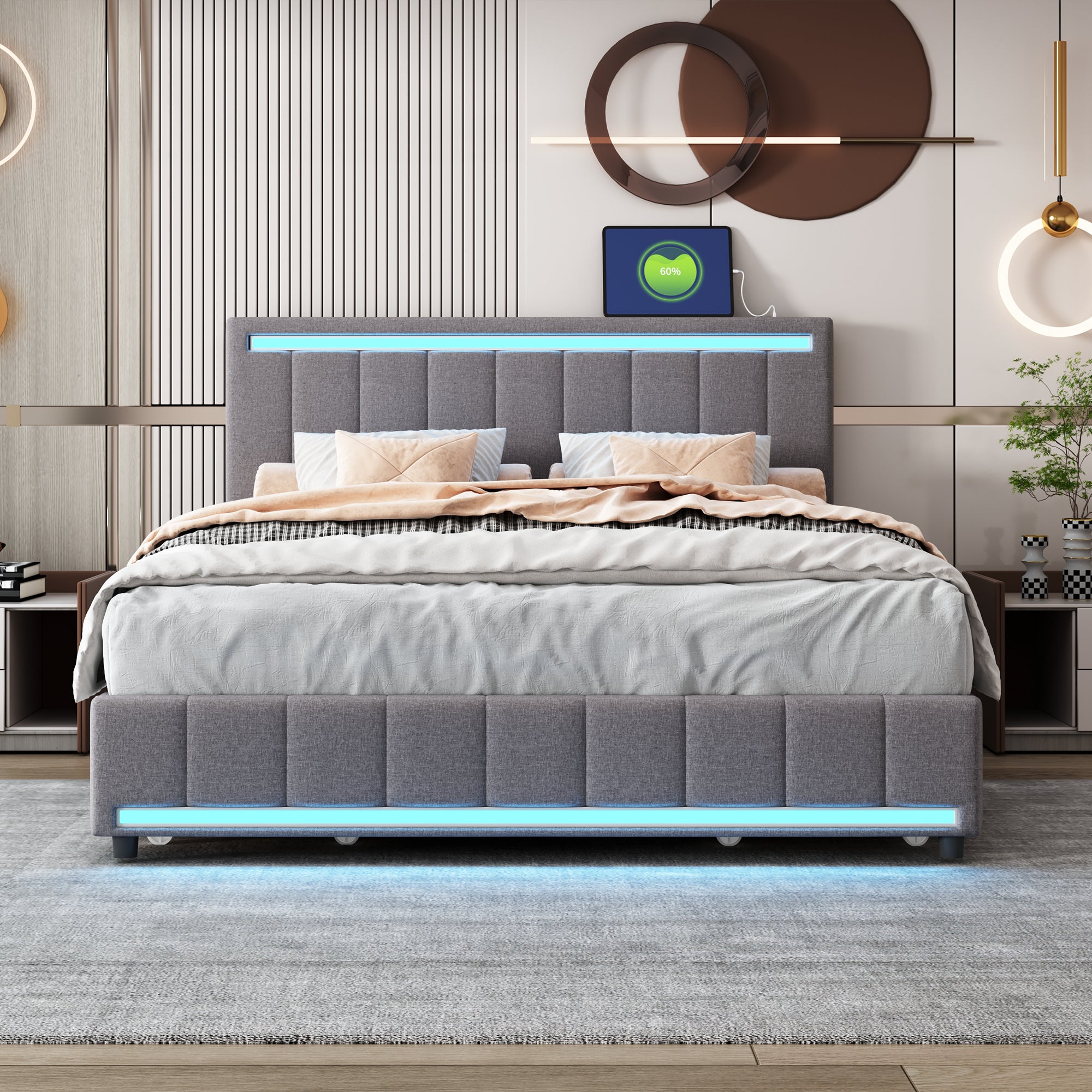 Queen Size Upholstered Bed with LED Light and 4 Drawers,  Modern Platform Bed with a set of Sockets and USB Ports, Linen Fabric, Beige - Atlantic Fine Furniture Melbourne FL