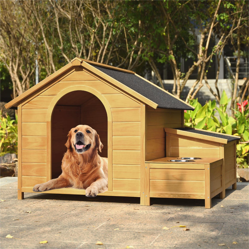 Large Size Wooden Dog House, Dog Crate For Large Dog Breeds, Cabin Style Raised Dog Shelter With Asphalt Roof, Solid Wood, Weatherproof - Nature