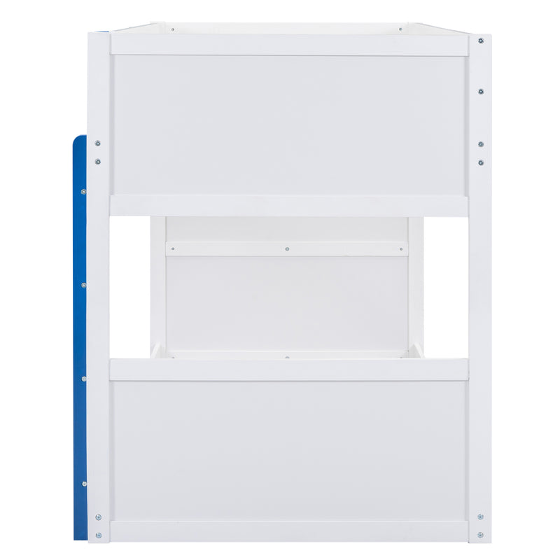 Twin over Twin Boat-Like Shape Bunk Bed with Storage Shelves, White+Blue