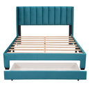 Queen Size Storage Bed Velvet Upholstered Platform Bed with a Big Drawer - Blue