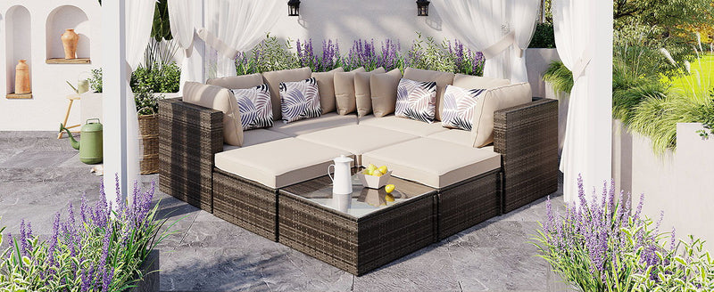 8 Piece Outdoor Wicker Sofa Set, Rattan Sofa Lounger, With Colorful Pillows, Conversation Sofa, For Patio, Garden, Deck - Brown / Beige