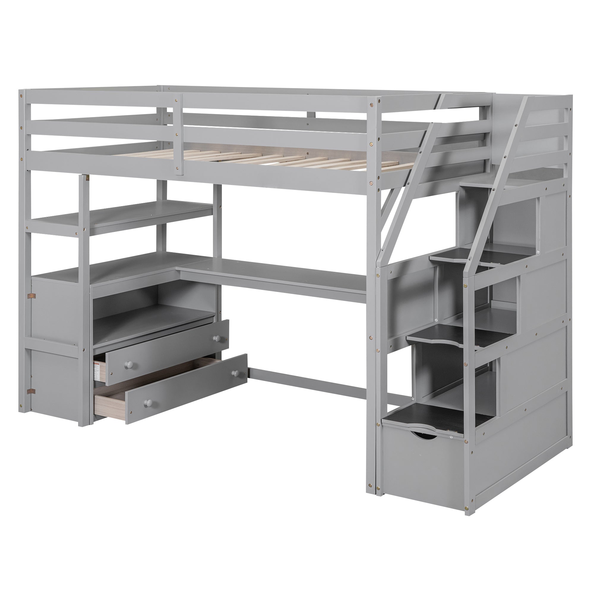 Twin Size Loft Bed with Desk and Shelves, Two Built-in Drawers, Storage Staircase, Gray - Atlantic Fine Furniture Melbourne FL