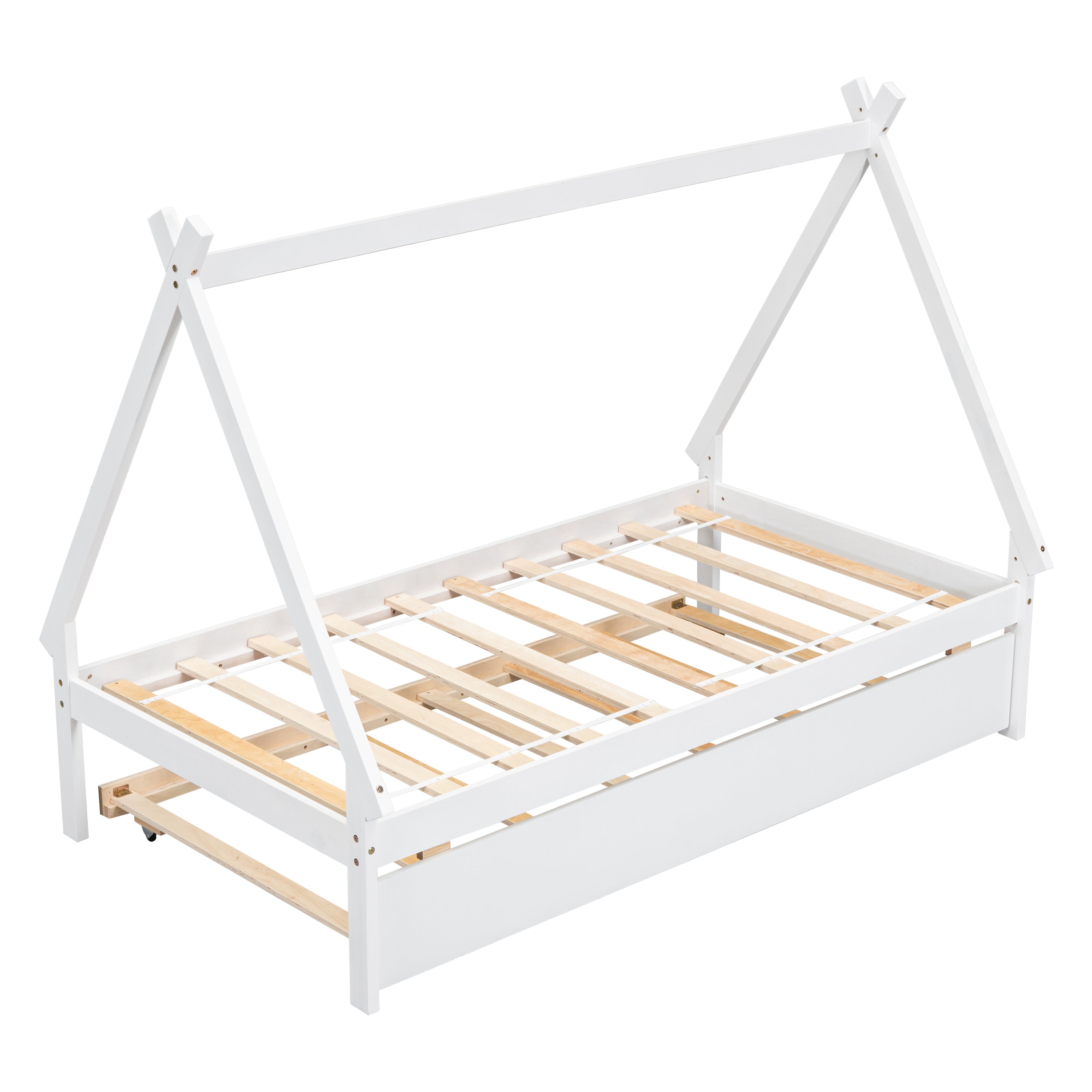 Twin size Tent Floor Bed, Teepee Bed, with Trundle,White