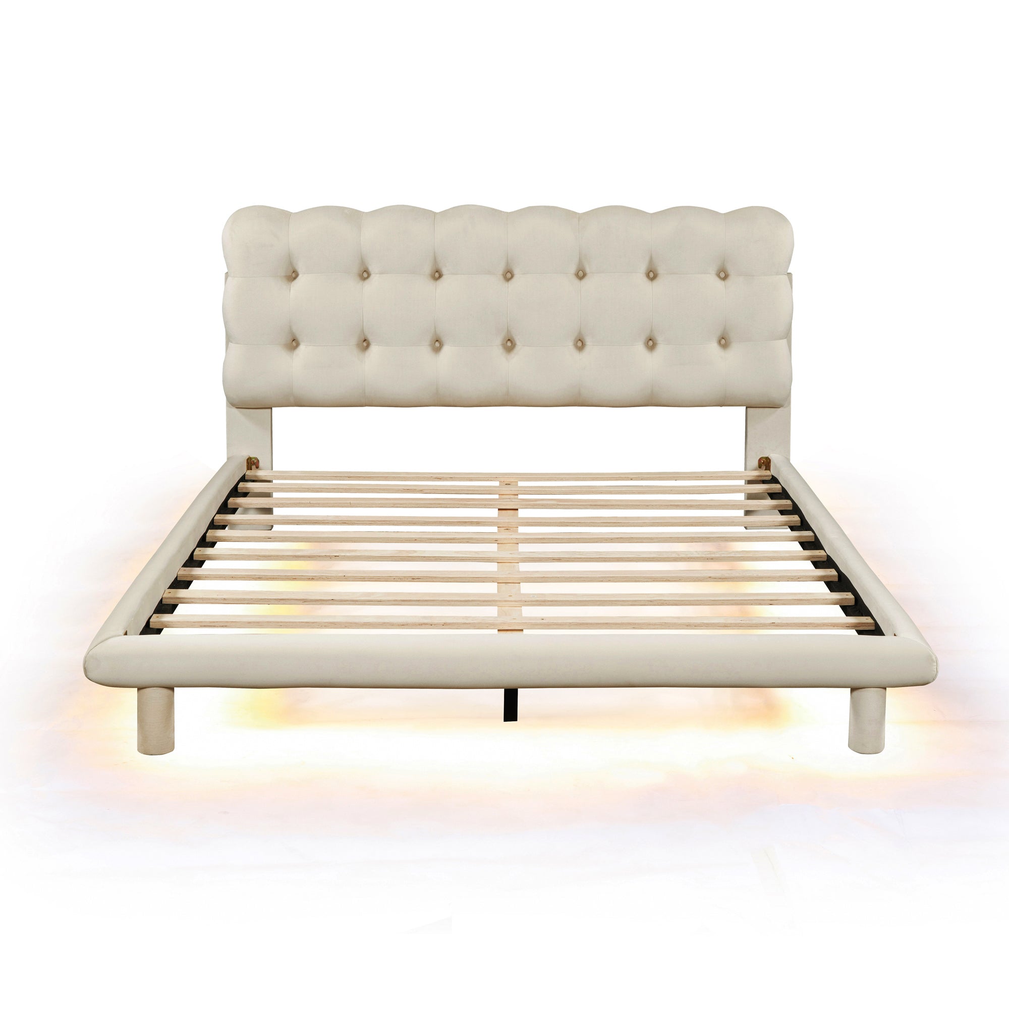 Queen Size Velvet Platform Bed with LED Frame, Thick & Soft Fabric and Button-tufted Design Headboard, Beige - Atlantic Fine Furniture Melbourne FL
