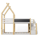 Twin over Twin House Bunk Bed with White Storage Staircase and Blackboard, White and Natural