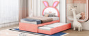 Twin Size Upholstered Platform Bed with Trundle and 3 Drawers, Rabbit-Shaped Headboard with Embedded LED Lights, Pink