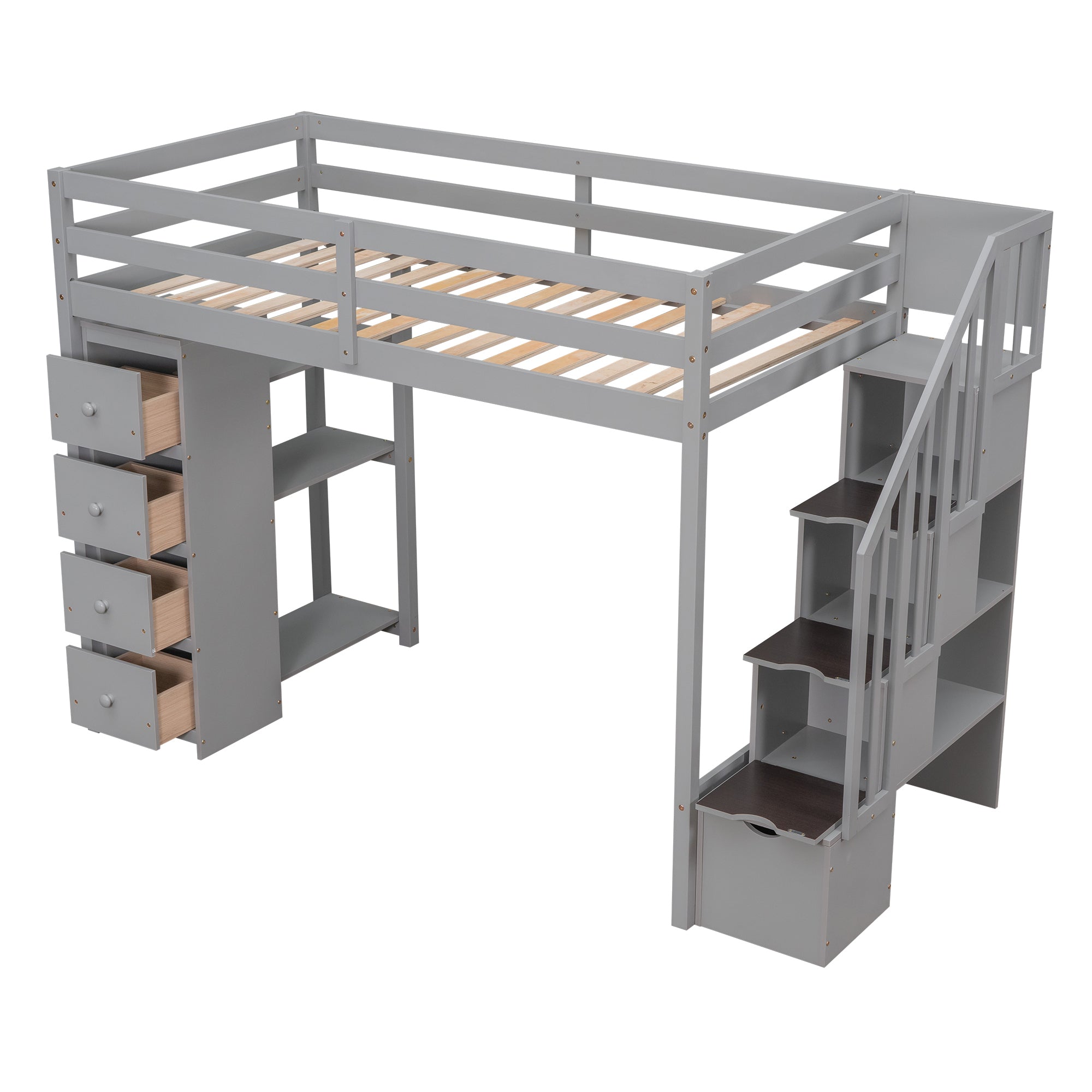 Twin size Loft Bed with Storage Drawers and Stairs, Wooden Loft Bed with Shelves - Gray - Atlantic Fine Furniture Melbourne FL