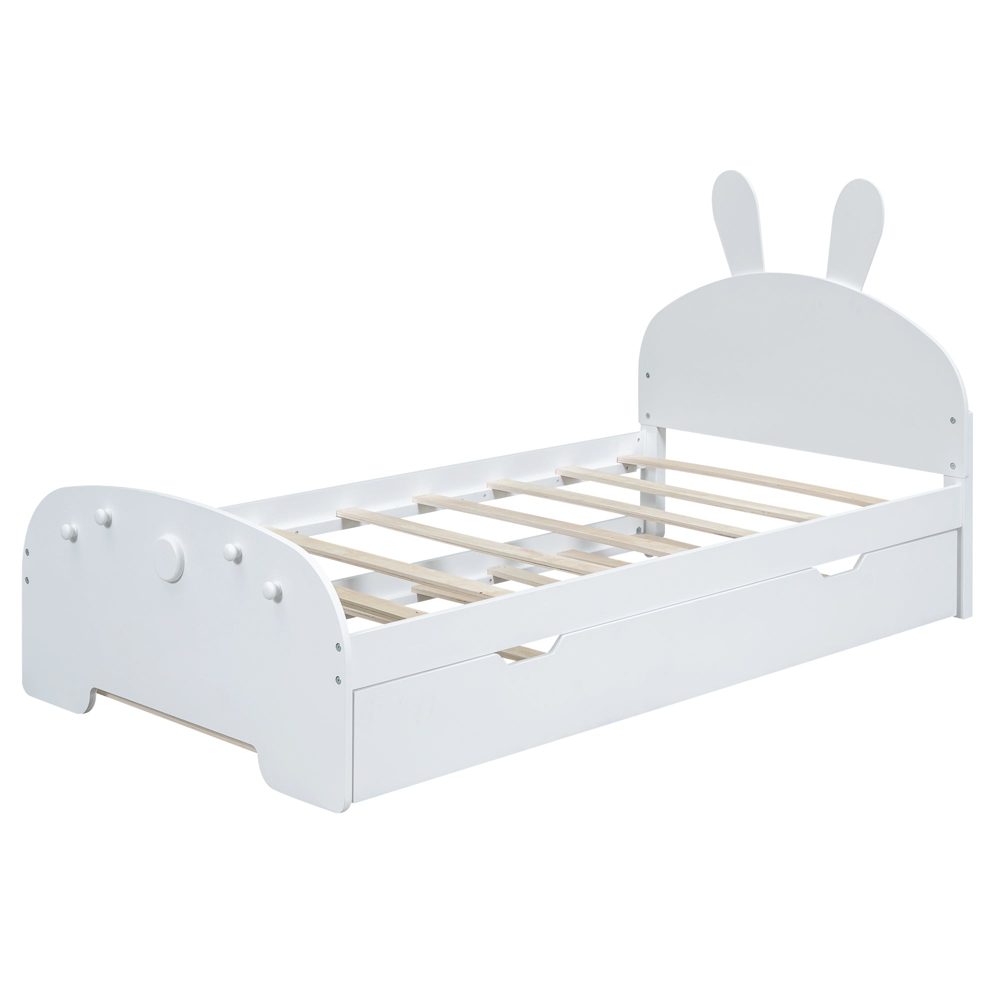Wood Twin Size Platform Bed with Cartoon Ears Shaped Headboard and Trundle, White - Atlantic Fine Furniture Melbourne FL