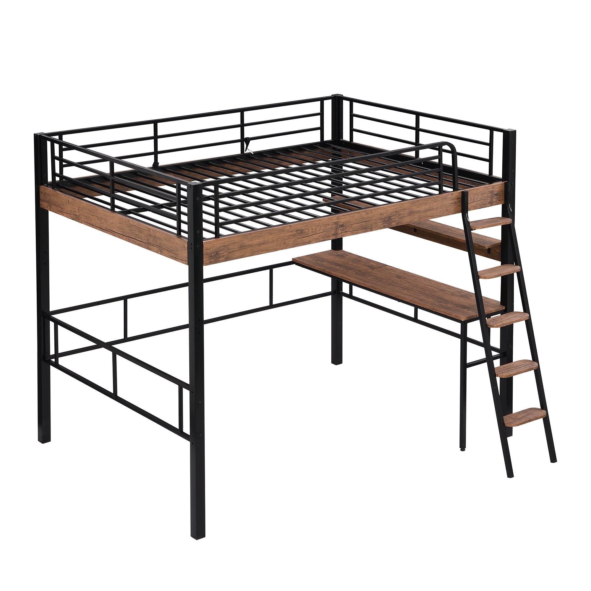 Metal Full Size Loft Bed with Built-in Desk, Storage Shelf and Ladder, Black
