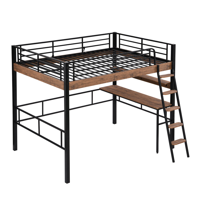 Metal Full Size Loft Bed with Built-in Desk, Storage Shelf and Ladder, Black