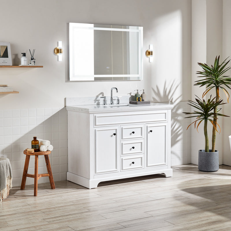 Freestanding Single Bathroom Vanity & Marble Top - White