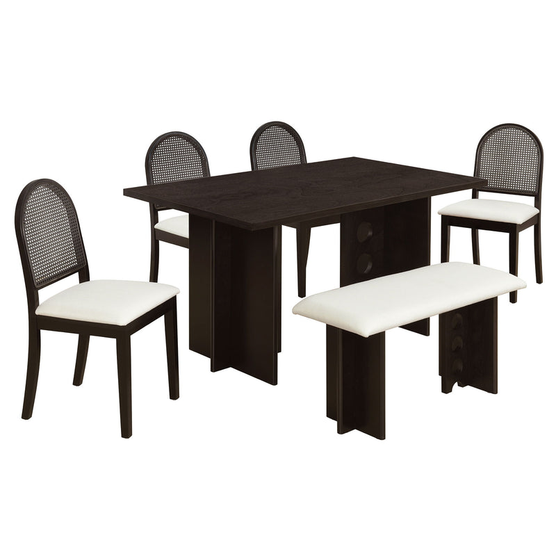 Modern Double Pedestal 6 Piece Dining Table Set, 4 Upholstered Rattan Back Dining Chairs And Bench