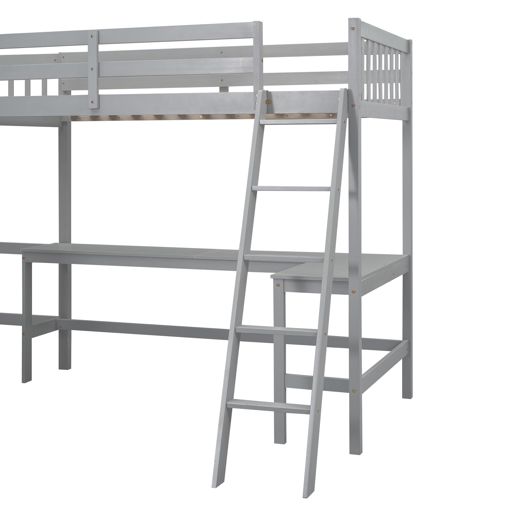 Wood Twin Size L-Shaped Loft Bed with Ladder and 2 Built-in L-Shaped Desks, Gray - Atlantic Fine Furniture Melbourne FL