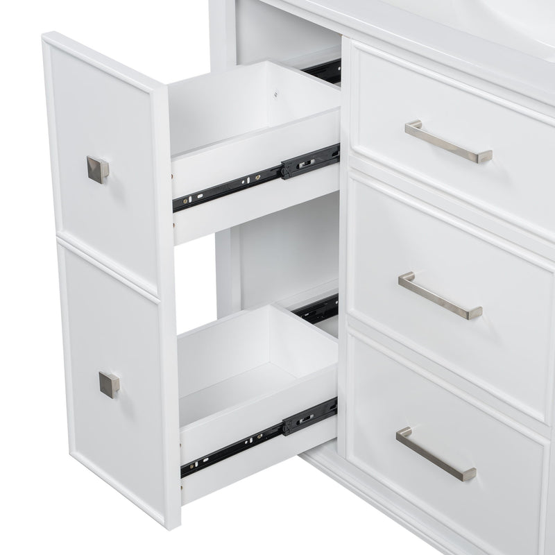 Bathroom Vanity With Ceramic Sink, Flip Out Drawer Design For Plumbing, Soft Close Drawers