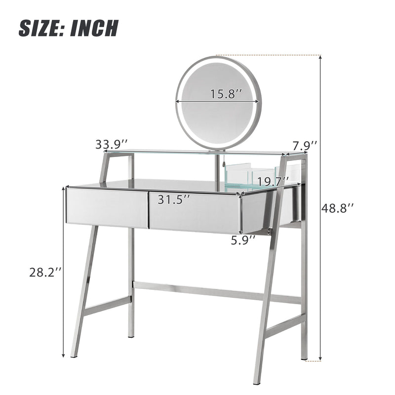 33.9" Mirrored Makeup Vanity Desk With Mirror And Lights, Mirrored Console Vanity Table With 2 Big Drawers & Open Shelf, Dressing Table With Charging Station For Bedroom - Silver