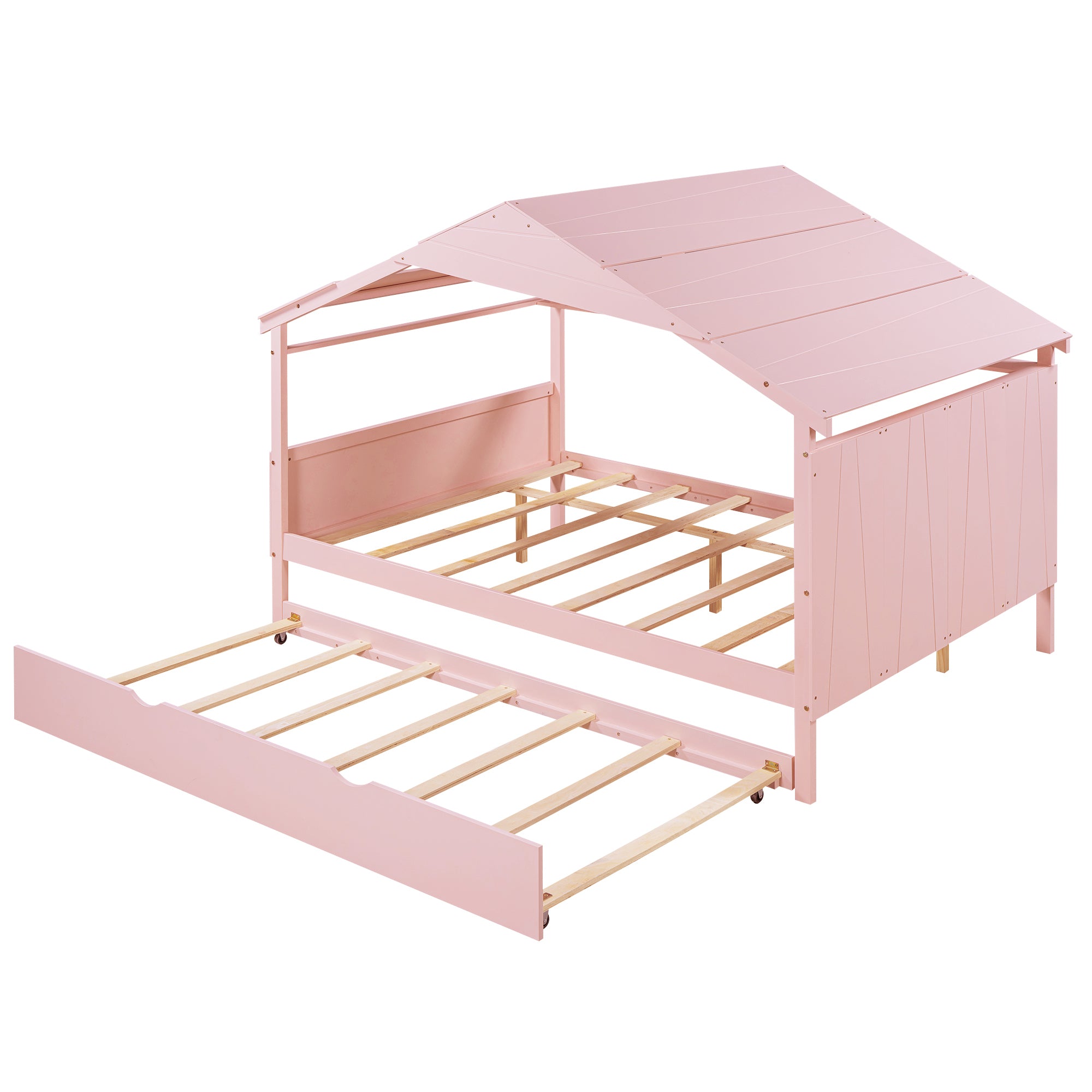 Wood Full Size House Bed with Twin Size Trundle and Storage, Pink - Atlantic Fine Furniture Melbourne FL