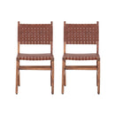 Rustic Wooden Dining Chair (Set of 2) With Genuine Leather Woven Upholstery - Brown
